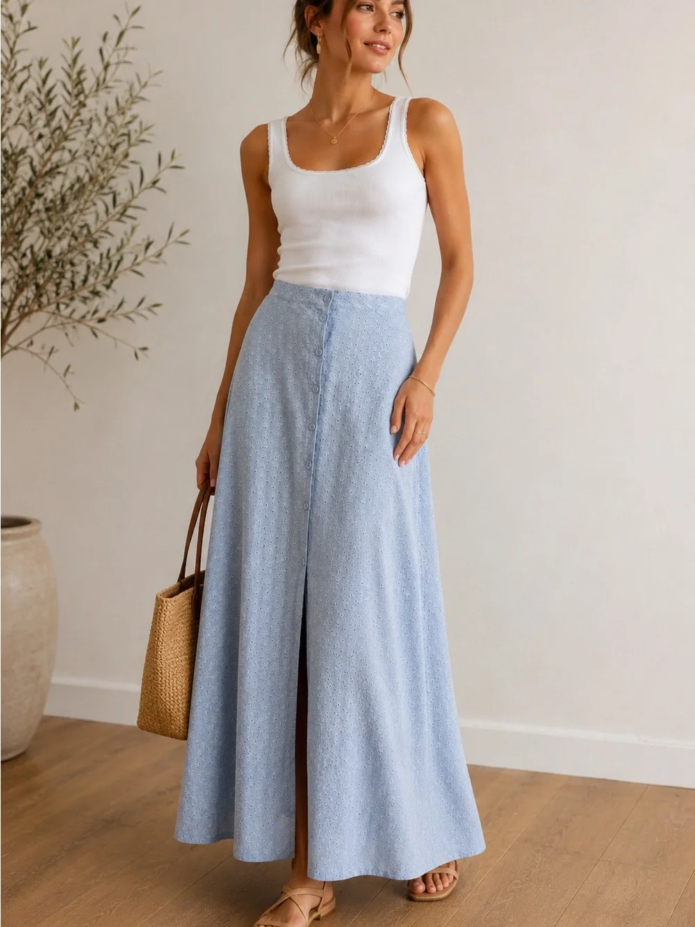 Lulus Blue Eyelet Embroidered Cotton Maxi Skirt Button Front Lined NWT Large